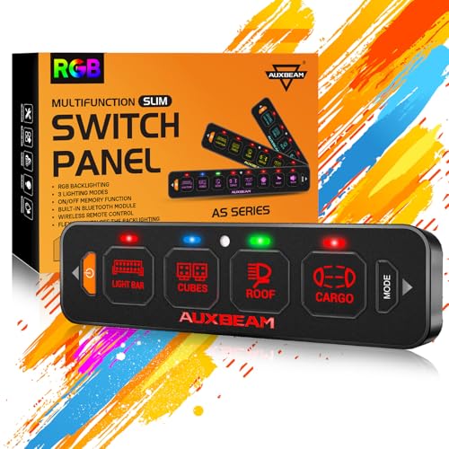 Auxbeam 4 Gang Slim Switch Panel RGB AS-R40 Automatic Dimmable Switch Panel with Toggle Momentary Pulsed LED Control Panel Off Backlight 12-24V for Truck Offroad Car Boat Waterproof, 2-Year Warranty