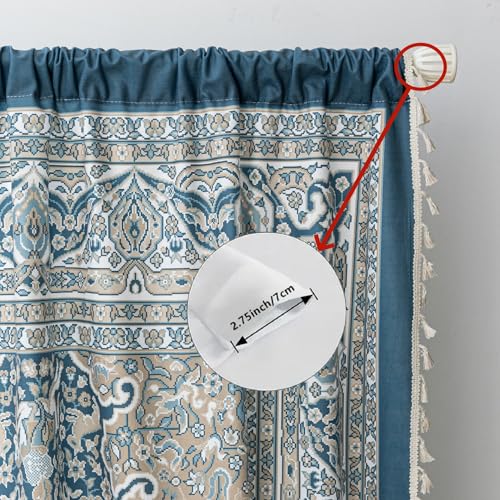 Image of Blue Medallion Curtains 84 Inches Long, Boho Farmhouse Light Filtering Rod Pocket Drapes with Tassel Trim for Bedroom Living Room, 2 Panels