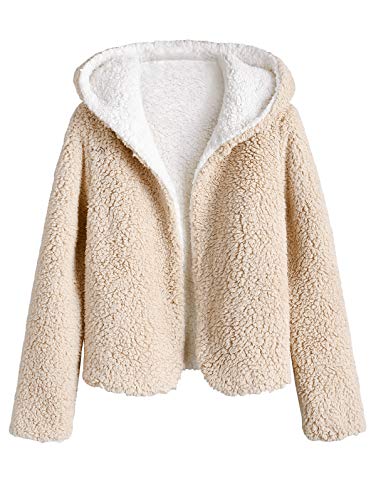 ZAFUL Women's Open Front Reversible Teddy Coat Faux Fur Hooded Cardigan Jacket,Warm White,Large