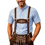 Camiseta regular de manga corta para hombre con estampado de pantalones de piel trompe-l'œil y estampado a cuadros. Camiseta divertida con aspecto 3D para Oktoberfest y despedida de soltero, leones de