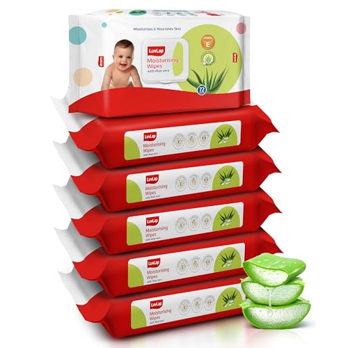 Image of LuvLap Moisturising Wet Wipes with Lid For Baby Skin, Enriched with Aloe Vera, Vitamin E &Chamomile Extract, pH Balanced, Dermatologically Safe, Paraben & Sulphate Free, 72 Wipes, pack of6 (Pack of 6)