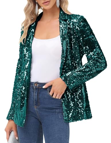 Women's Sequin Jackets Open Front Sparkle Blazer Casual Long Sleeve Glitter Cardigan with Pockets Dark Green L