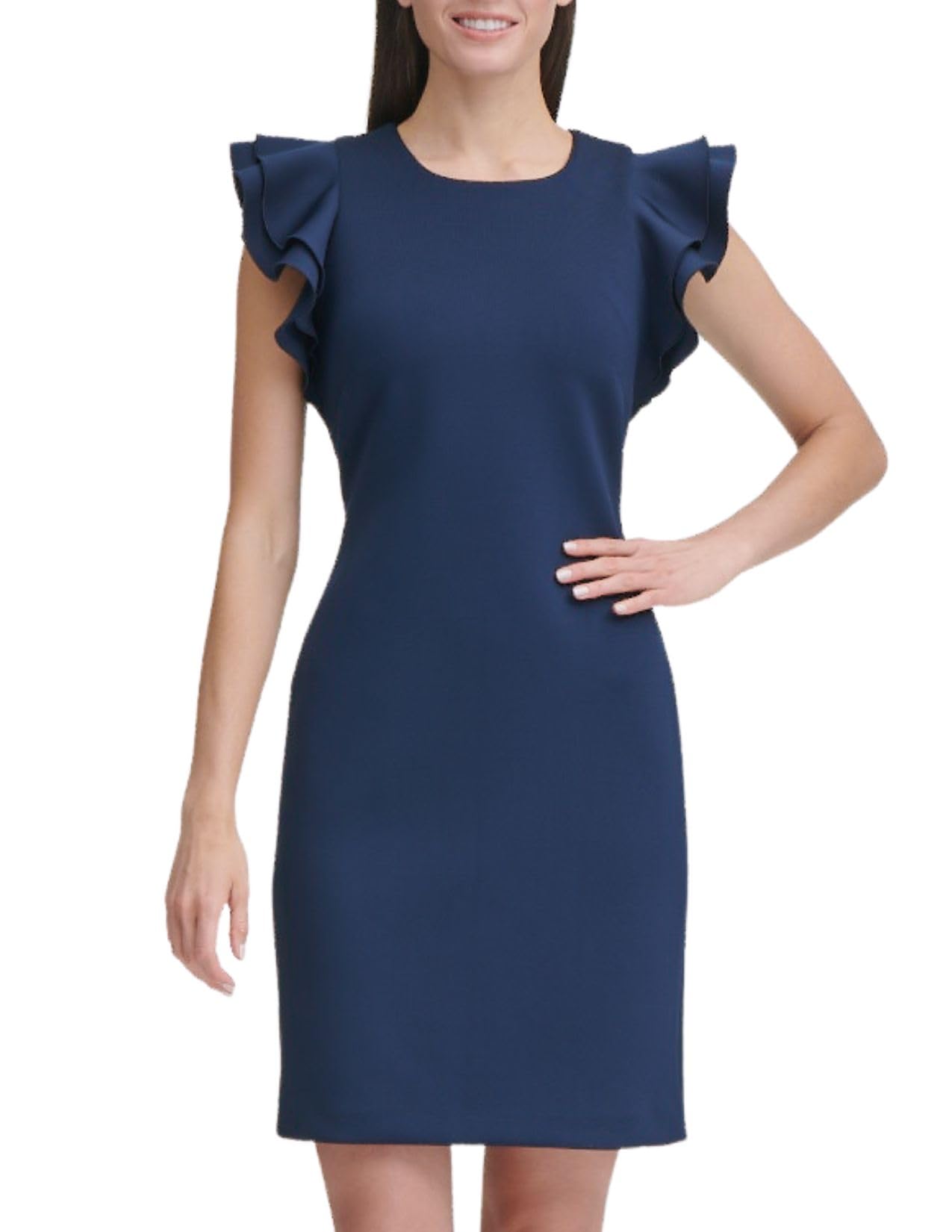 Tommy Hilfiger Women's Sleeveless Ruffle Hem Jewel Neck Crepe Sheath Mini Dress