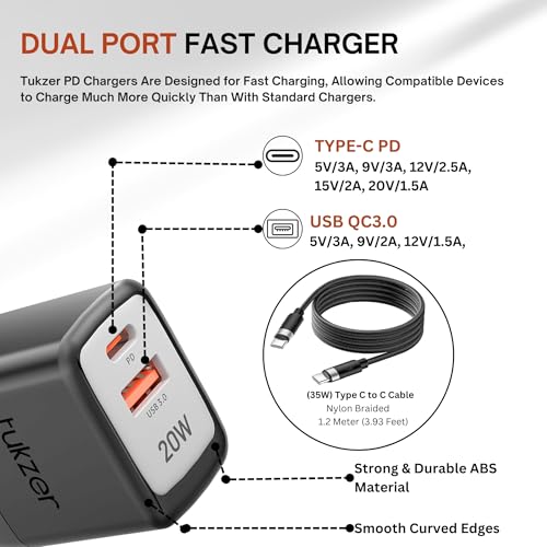 Image of Tukzer 20W Dual Port GaN3 Ultra 2X Faster Charger(Type C PD3.0 & USB QC3.0) with Type C Cable Adapter for iPhone 16 /16 Plus /16 Pro /Max,15 /15 Plus /15 Pro /Max, 14 /13 /12,Samsung, Type-C Port Laptops-BLK