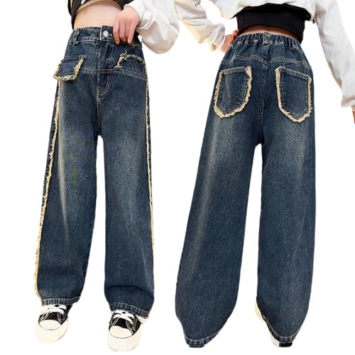 Tween Girls Fashion Baggy Jeans-Casual Raw Hem Elastic Waistband Wide Leg Loose Denim Pants with Pockets