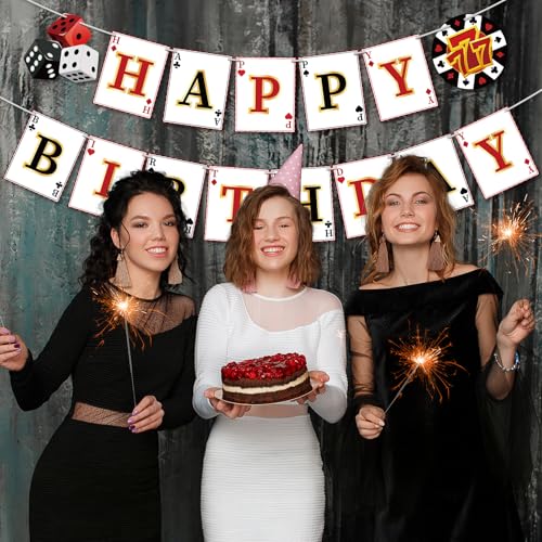 Image of Hooqict Casino Theme Party Decorations Happy Birthday Banner Casino Poker Party Banner Garland for Las Vegas Game Night Birthday Party Decorations Supplies