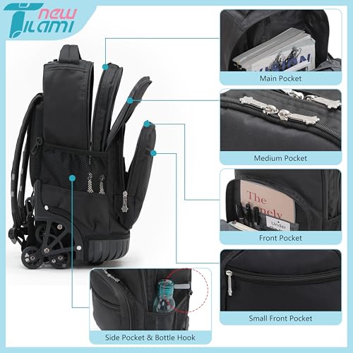 NEW TILAMI 18 Inch Rolling Backpack with Lunch Bag, Stair-Climbing 3-Wheeled Backpack for School & Travel, Carry-on Luggage 15.6" Laptop Compartment for Boys Girls - Black - Image 4