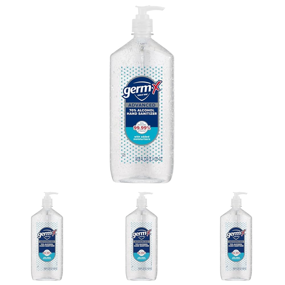 Germ-X Advanced Hand Sanitizer, Non-Drying Moisturizing Clear Gel, Instant and No Rinse Formula, Large Family Size Pump Bottle, 34 Fl Oz (1 Liter) (Pack of 4)