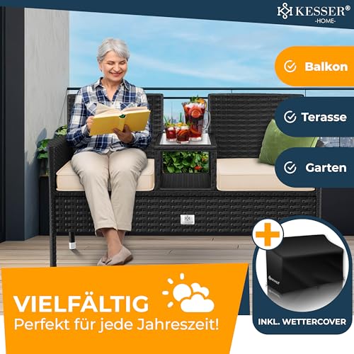 KESSER® Polyrattan Gartenbank mit Tisch, 2 Sitzer, 143x63x88cm Gartenbank wetterfest, Sitzbank Outdoor, Balkonbank mit Ablage, Gartenmöbel Rattan Bank für Garten & Balkon + Kissen & Cover, Schwarz 6