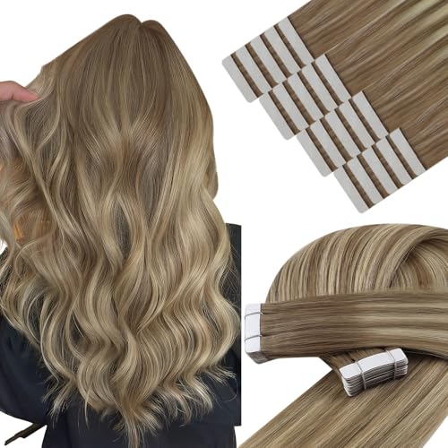 Image of YoungSee Human Hair Tape in Extensions Balayage Brown, Tape in Hair Extensions Real Human Hair, Light Brown Ombre Platinum Blonde, 12 Inch 20pcs 30g, Tape Hair Extension, Soft Texture, for Thin Hair