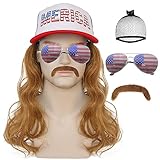 JoneTing 4 Pcs Brown USA Mullet Hat Wig【+1 Hair Cap +1 Glasses +1 Mustache】 Merica Redneck 4th of July American Costume Brown Hair Wigs for All American Billy Bob Costume Halloween Party