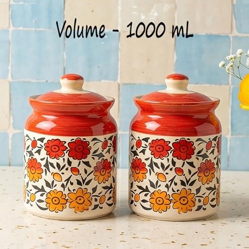 Image of Ceramic Handmade Pickle Jars in 1000ml (set of 2) | Handpainted Floral Bale 1 kg Achaar Martban | Ceramic Jadi for Kitchen Storage (Set of 2) | Jars for Achar, Spices, Salt (HandPainted Red Sunflower)