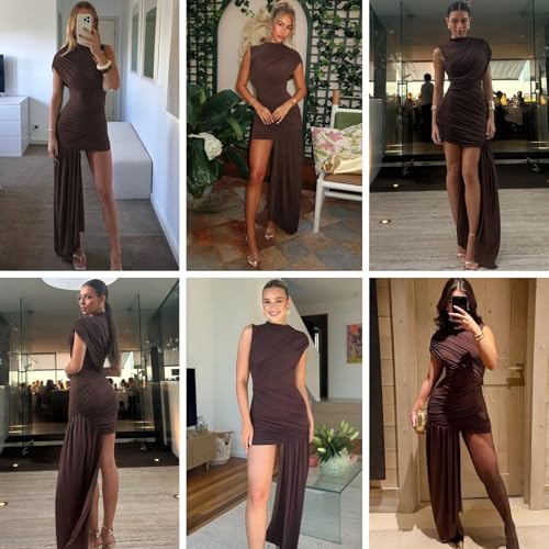 JUMISEE Women’s Elegant Irregular Ruched Mini Dress Flowy Ribbon Bodycon Cocktail Dress Sexy Pleated Formal Dresses4