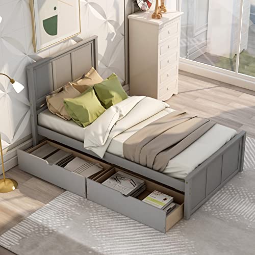 Lostcat Twin Size Bed Frame With Storage And Headboard,Wood Slats Support,Solid Pinewood Bedframe, No Box Spring Needed,For Boys/Girls/Adult Bedroom,Gray #TOP6