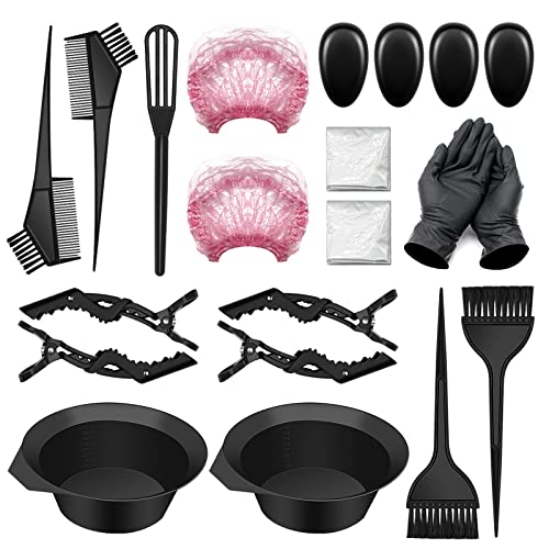 HHLJ 21 PCS Hair Coloring Dyeing Kit, Include Hair Tinting Bowl/Dye Brush/Mixing Spoon/Shower Cap/Ear Cover/Gloves Hair Dye Tools for Hair Coloring Bleaching DIY Salon & Home(21PCS, Black) 
