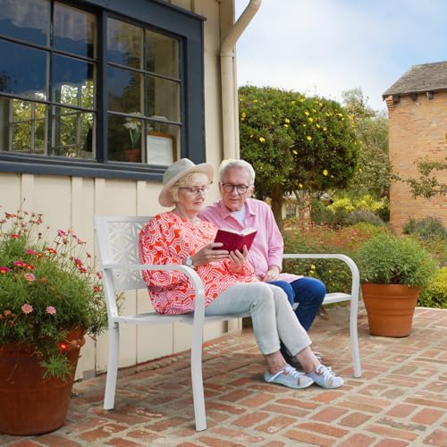 Image of VINGLI 50 inch Outdoor Bench Metal with Floral Back, Garden Bench Front Porch Bench for Yard Patio Entryway Park Outside, 800lb Capacity - White