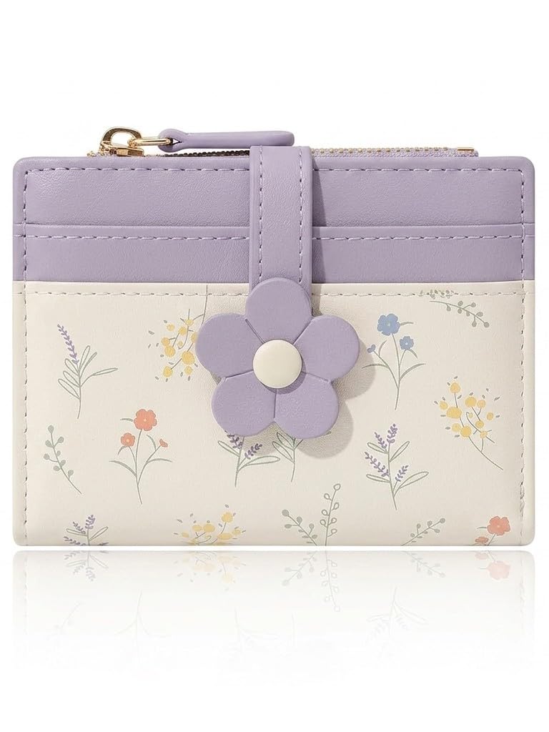 Women's Floral Printed Mini Wallet Card Holder with Coin Pocket, ID Window & 6 Card Slots | PU Leather Flower Applique Ladies Purse | Compact Slim Cardholder Wallet for Girls. (Purple)-image-33