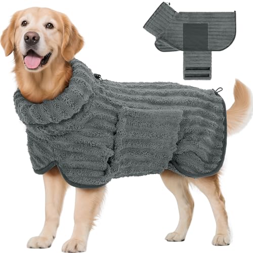 Woiil Hundebademantel aus Mikrofaser, Ultra Saugfähiger Bademantel Hund, Mit Klettverschluss Und Verstellbarem Gummizug, Maschinenwaschbar, Geeignet Für Große, Mittlere Und Kleine Hunde, Grau (XXL)