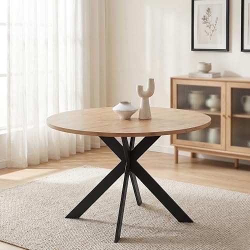 JIEXI Juego de mesa de comedor redonda y 4-6 sillas, mesa de efecto roble con patas de araña negras, resistente al calor, fácil de limpiar, 115 cm (1 mesa de roble)