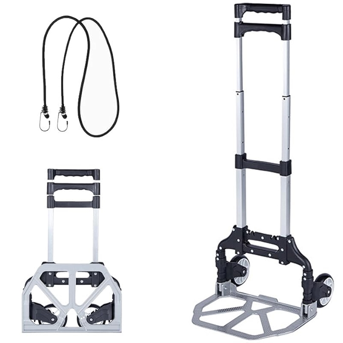 便携式折叠手推车铝制货运车，承重175磅，配黑色弹力绳和伸缩手柄
