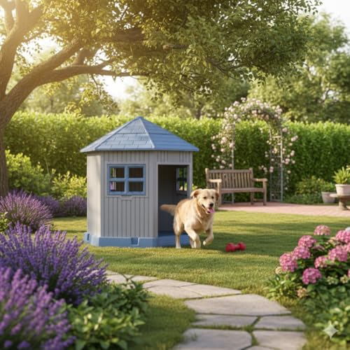 Image of Vizamoplast Paw Castle Dog House for Medium Dogs | Indoor & Outdoor PP Plastic Dog Kennel | Weatherproof UV Resistant Pet House | Removable Roof, Openable Windows | Raised Base | Easy Assembly