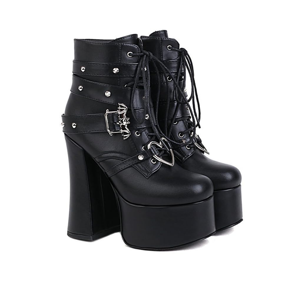 Womens Platform High Chunky Heel Combat Goth Ankle Boots Buckles Patent Leather Lace Up Block Heeled Booties