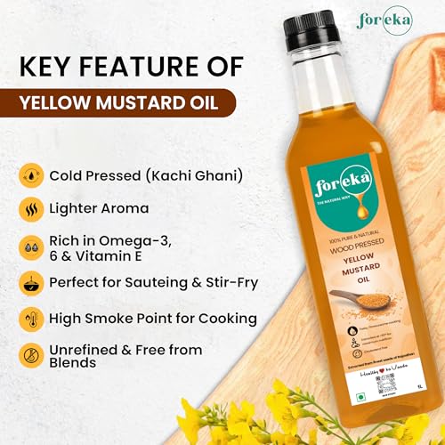 Image of Foreka Cold Pressed Mustard Oil - Unrefined Oil For Cooking - Chemical-free and 100% Natural (1 Litre (Pack of 1), Yellow Mustard)