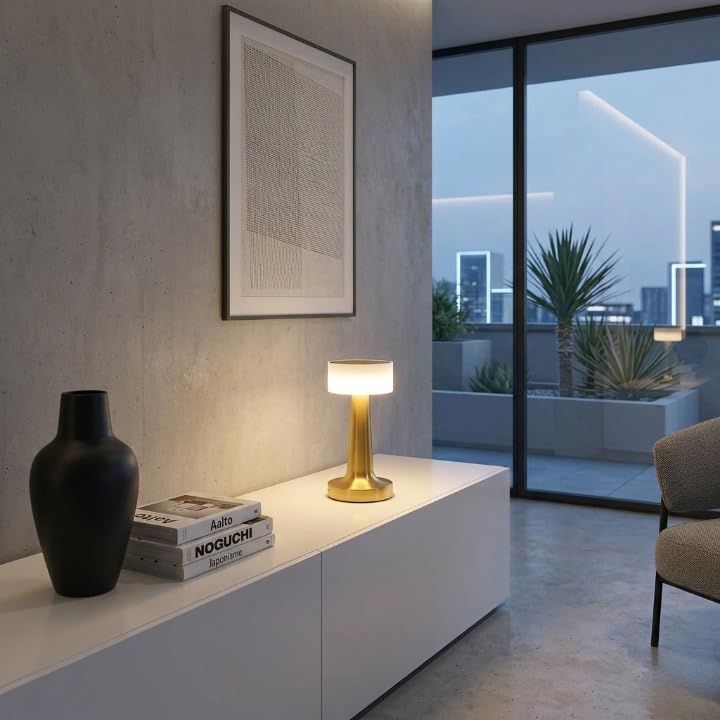 Image of Modern Gold LED Table Lamp - Minimalist Bedside Night Lamp with Warm Light, Rechargeable Touch Control Desk Lamp for Bedroom, Living Room & Office Decor