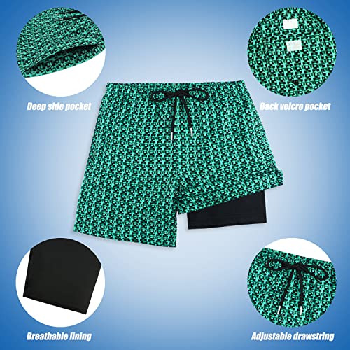 Milankerr Boys Swim Trunks With Compression Liner Size 10-12,Boys Swim Shorts With Boxer Brief Liner For 11 Year Old Boy((C-Green Blocks,10-12) #TOP3