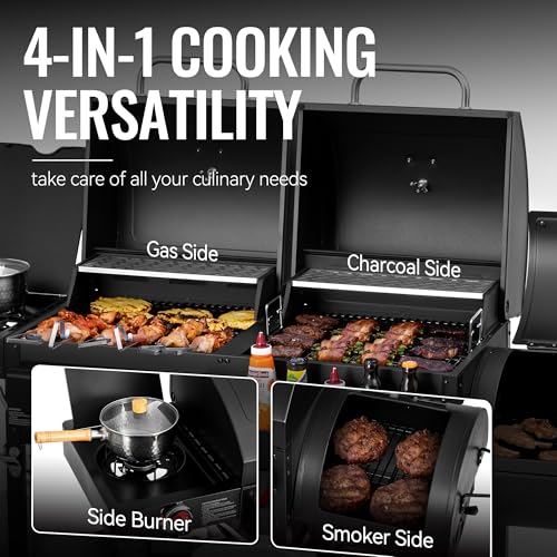 2-Burner Gas and Charcoal Combo Grill with Offset Smoker & Side Burner, 34,000 BTU Dual Fuel Grill, 1020 Sq. In. Cooking Area, Ideal for Outdoor Cooking, Black, ZH3005Y-SC