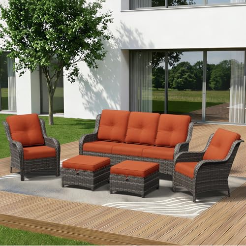 Image of 5 Piece Outdoor Wicker Patio Furniture Set, Patio Chairs Set with Thickened Olefin Cushions, High Back and Deep Seating, Hand-Woven PE Rattan, Ottoman for Porch, Deck