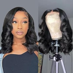 Douyin Bob Wig Human Hair 13×4 Frontal Lace Wig 14 Inch Body Wave 180% Density HD Lace Front Wigs Human Hair Pre Plucked Glueless Bob Wigs for Women Human Hair Wigs (14 inch, Natural Black)