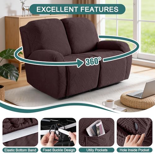 Image of Ruaozz Recliner Sofa Covers Recliner Chair Covers Loveseat Recliner Slipcovers with Pockets Washable Furniture Protector with Elastic Bottom (2 Seater, Dark Coffee)