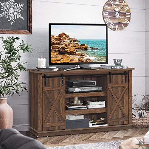 Tangkula TV Stand up to 60 Inches, Farmhouse Wood TV Stand with Sliding Barn Doors, Side Sliding
