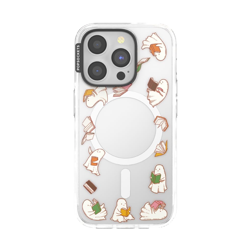 PopSockets Coque pour iPhone 15 Pro Compatible avec MagSafe, Coque de téléphone pour iPhone 15 Pro, Compatible avec Chargement sans Fil, Coque Uniquement – Spooky Book Club Transparent