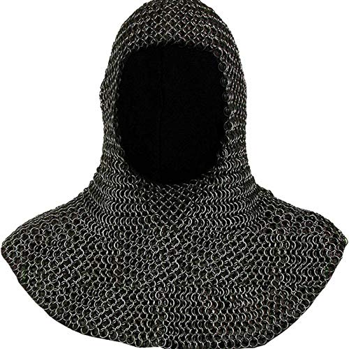Image of AnNafi Chainmail Coif Iron Steel U-Neck Chain Mail Hood Medieval Templar Crusader Re-enacment Armor Costume Black Coif Armour Wearable For Adult Replica Costumes For SCA LARP Reenactment