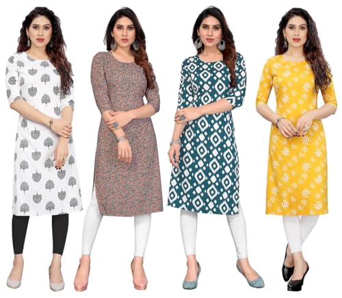 Image of JAKHANA Women's Crepe Printed Casual Straight Calf Length Round Nick Kurta Pack of 4