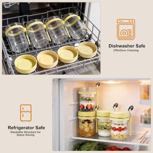 Image of 6 Pack Yellow Overnight Oats Containers with Lids and Spoon - 16 oz Glass Mason Jars with Separate Compartments Leakproof Sugar Packet Holders Chia Yogurt Parfait Cups for Oatmeal Cereal Meal Prep