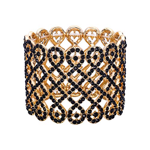 EVER FAITH Art Deco Love Knot Wide Stretch Bridal Bracelet Black Austrian Crystal Gold-Tone