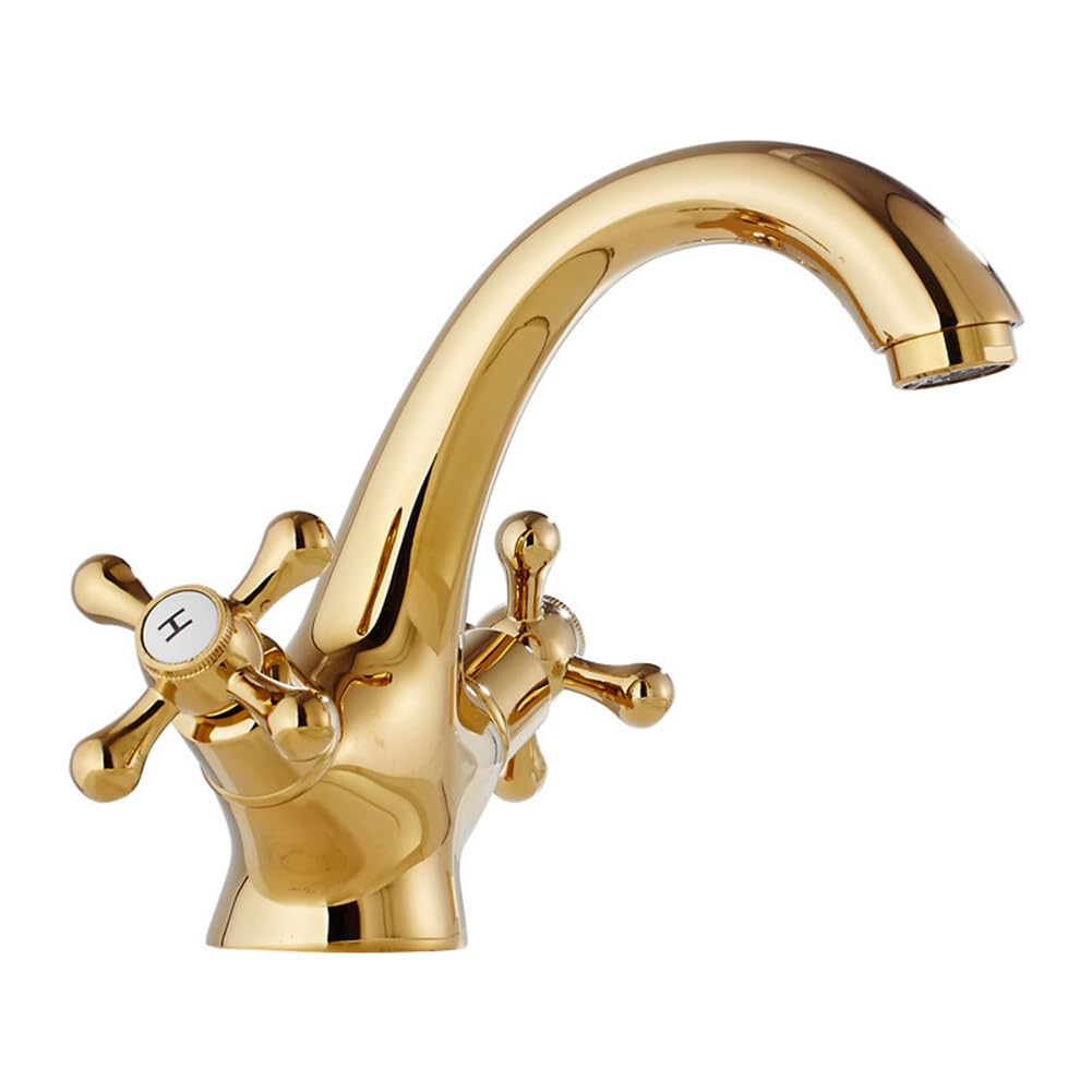 Grifo De Baño Grifo De Lavabo, Vintage Retro Estilo Latón Dos Mandos Mezclador De Lavabo, Ajustable Para Agua Fría Y Caliente, Oro