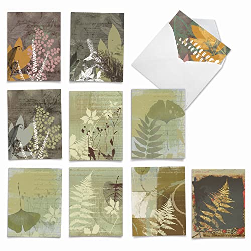 The Best Card Company - 10 Bulk All Occasion Note Cards (4 x 5.12 Inch) - Blank Assorted Cards Set, Nature Plants and Gardens - Layered Leaves M2985OCB