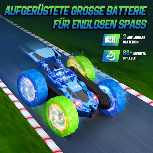 cosone Ferngesteuertes Auto für Kinder RC Stunt Cars mit coolem Rad Lichter 360° drehend Jungen Spielzeug für Alter 6 7 8 9 10-12 Kinder Geschenk Ideal (Blau&Grün)