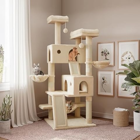 SHA CERLIN 65in Larger Cat Tree Tower Condo for Indoor Cats, Multi-Level Furniture Activity Center with Wide Base/Cozy Plush Cat Perches/Baskets/Sisal Scratching Posts and Hammock/Beige Cover