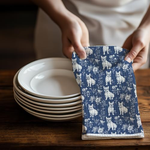 Image of Blue Chinoiserie French Bulldog Dish & Hand Towel, Dog Lover Gifts for Women Mom, Vintage Floral Dog Kitchen & Tea Towels for Kitchen Bathroom Decor, 16x24 Inch