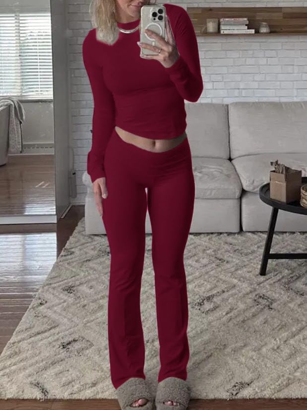 AYWA Women's 2 Piece Outfits Foldover Flare Pants Long Sleeve Crew Neck T-shirt Fitted Pajama Sets - Image 4