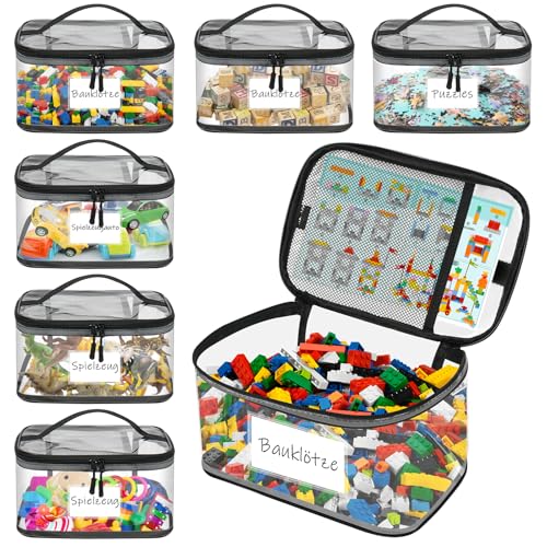 YHANEC 6 Stück Spielzeug Aufbewahrung mit Anleitung Beutel und Namensetikett wasserdicht klar PVC aufbewahrung Spielzeug mit Reißverschluss für Lego Puzzles und Blöcke 30x20x14cm (L)