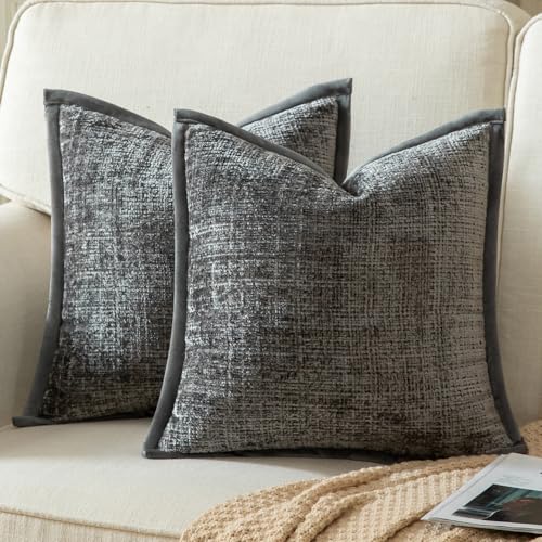 YAERTUN Pack of 2 Chenille Textured Decorative Cushion Covers Accent Solid Throw Pillow Covers Soft Cozy Pillow Case with Velvet Back for Couch Sofa Bed Living Room 22x22 Inch 55x55cm Grey