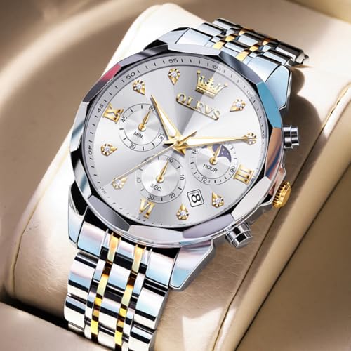 Image of OLEVS Watches for Men Luxury Diamond Casual Large Dial Watches Stainless Steel Waterproof Business Dress Analog Luminous Date Mens Watches