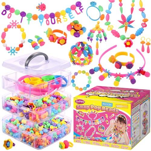 Funtopia Pop Beads 500+ Pcs Jewelry Making Kit for Girls 4-6 Arts and Crafts for Kids 3 4 5 6 7 8 Colorful Snap Beads DIY Bracelet Necklace Ring Set for Little Girls