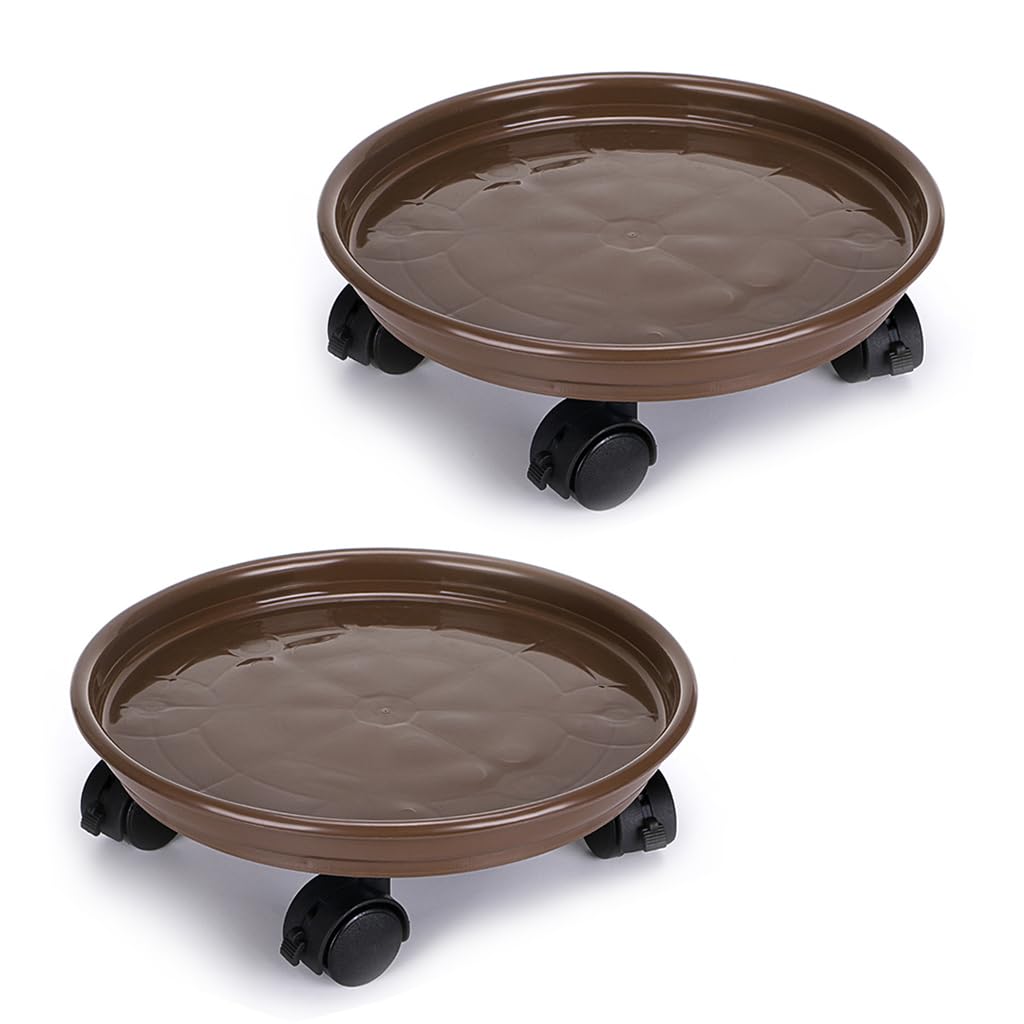 Skelang 2 Soportes de Maceta de 30 cm con Ruedas, Soporte rodante para Plantas, Soporte para Planta con Rueda Universal para Plantas de Interior y Exterior, Capacidad de Carga 56 kg, Color marrón